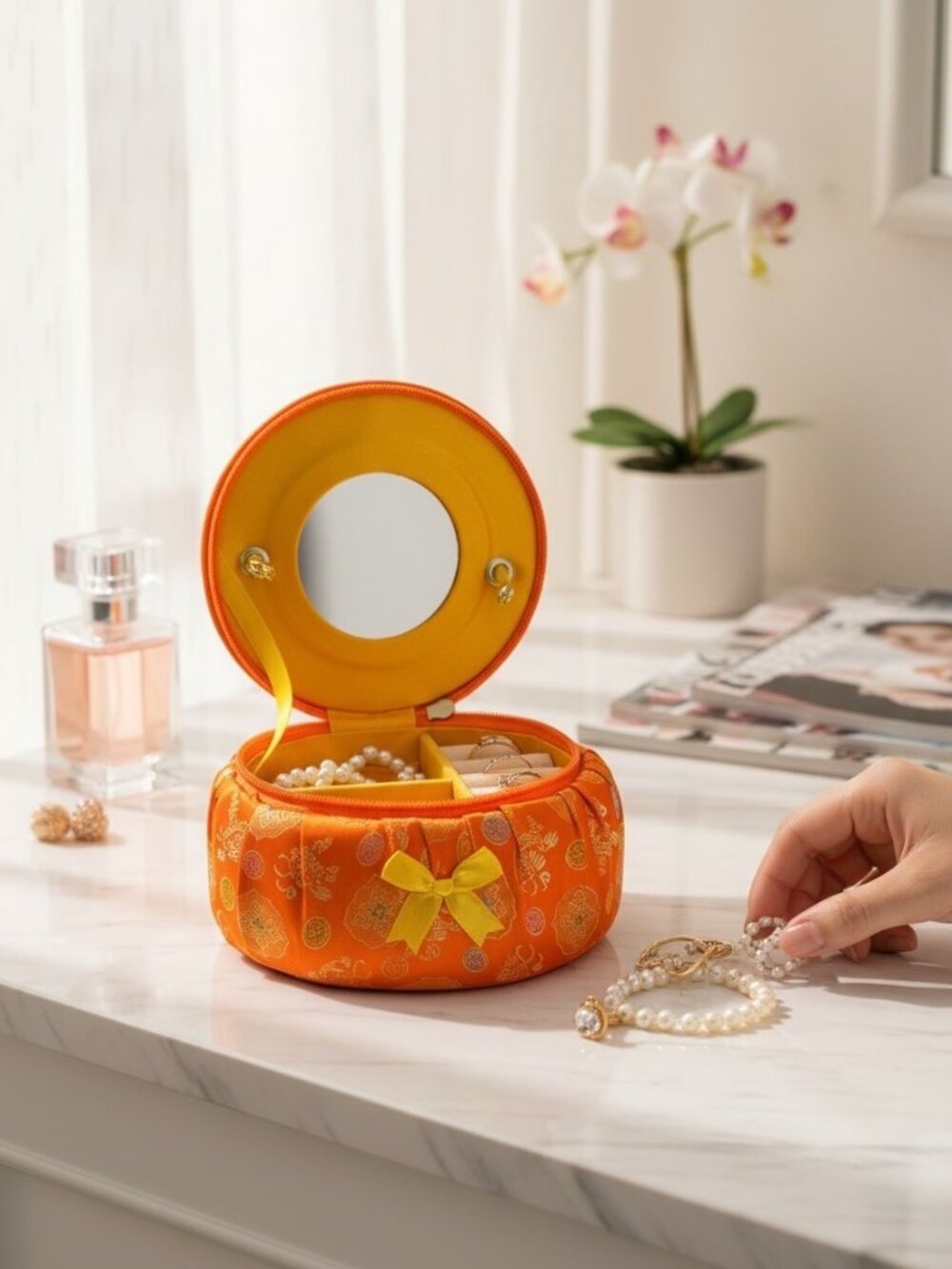 Round Orange Silk Jewelry Case With Mirror & Bow Accent